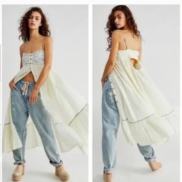 free people linda jo midi dress Free People Linda Jo Midi Dress Gardenia Pockets Gauze Smocked Embroidered L
